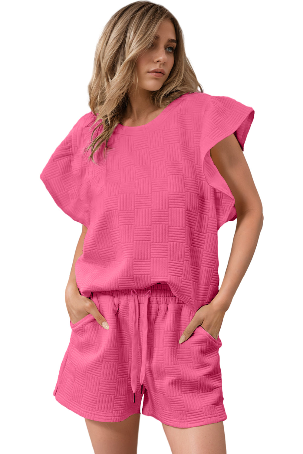 Bonbon Textured Ruffle Sleeve Tee and Drawstring Shorts Set