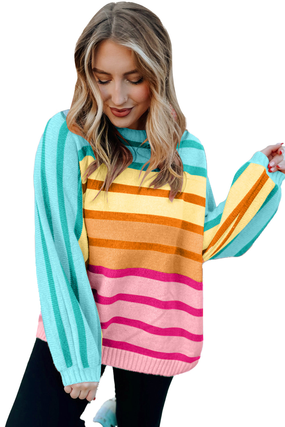 Yellow Striped Ribbed Edge Gradient Loose Sweater