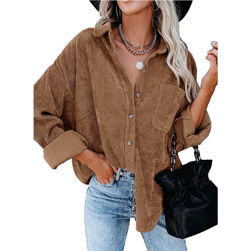 Oversized Corduroy Button-Up Shirt with Chest Pocket