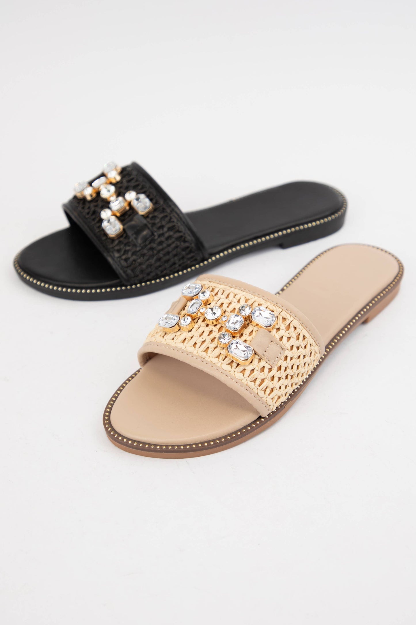 CRISTA-30 JEWEL DECOR RAFFIA UPPER SLIP-ON SANDALS