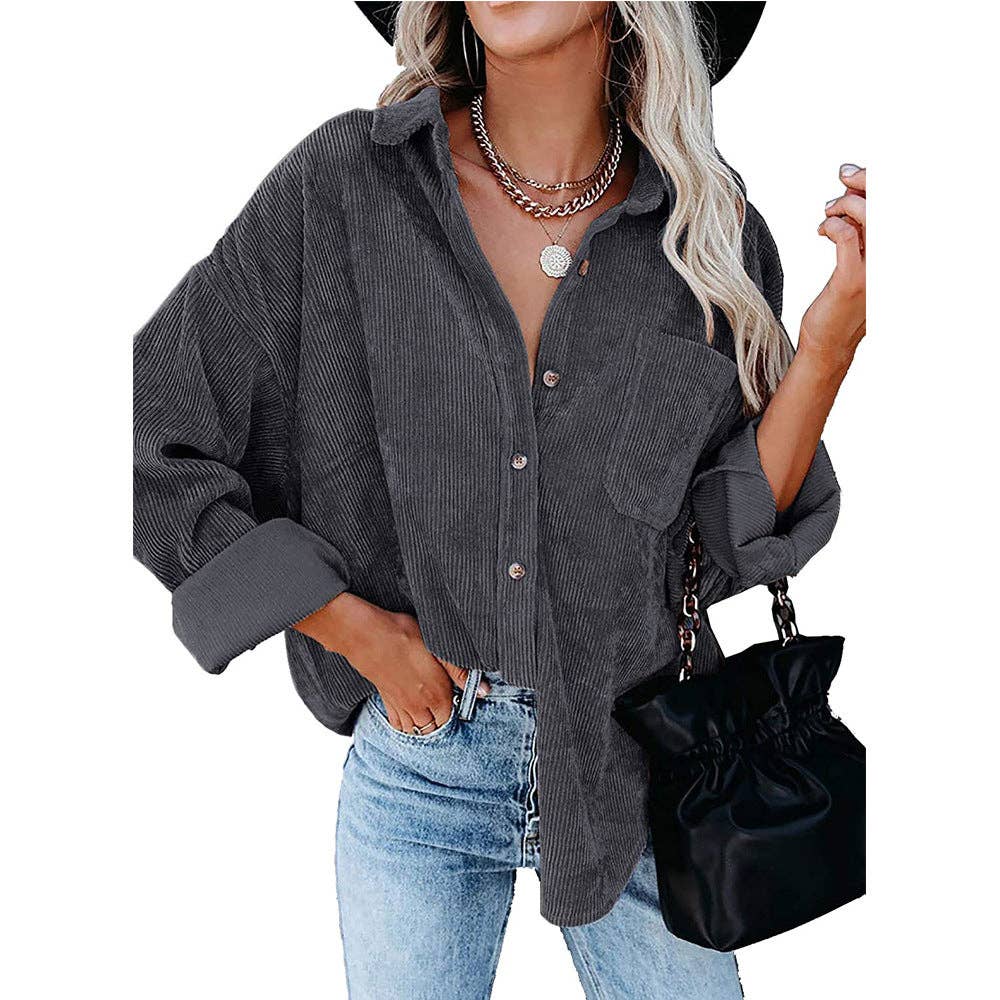 Oversized Corduroy Button-Up Shirt with Chest Pocket