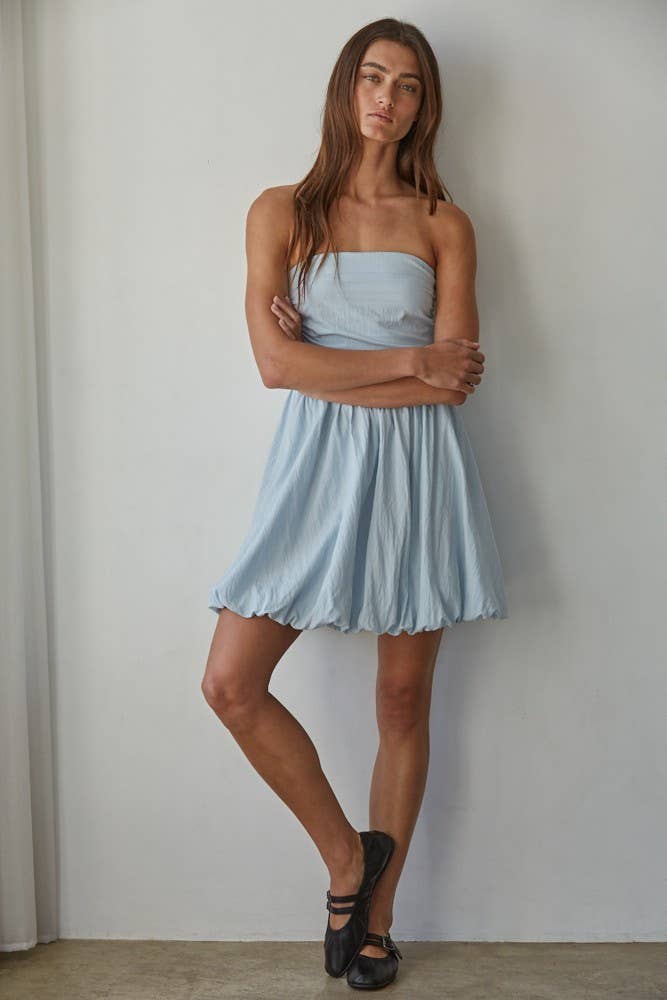 Woven Cotton Nylon Strapless Bubble Mini Dress