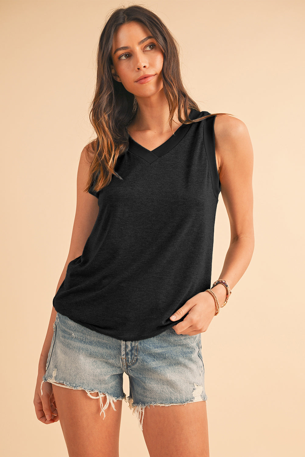 Gray Contrast Trim V-Neck Loose Fit Tank Top