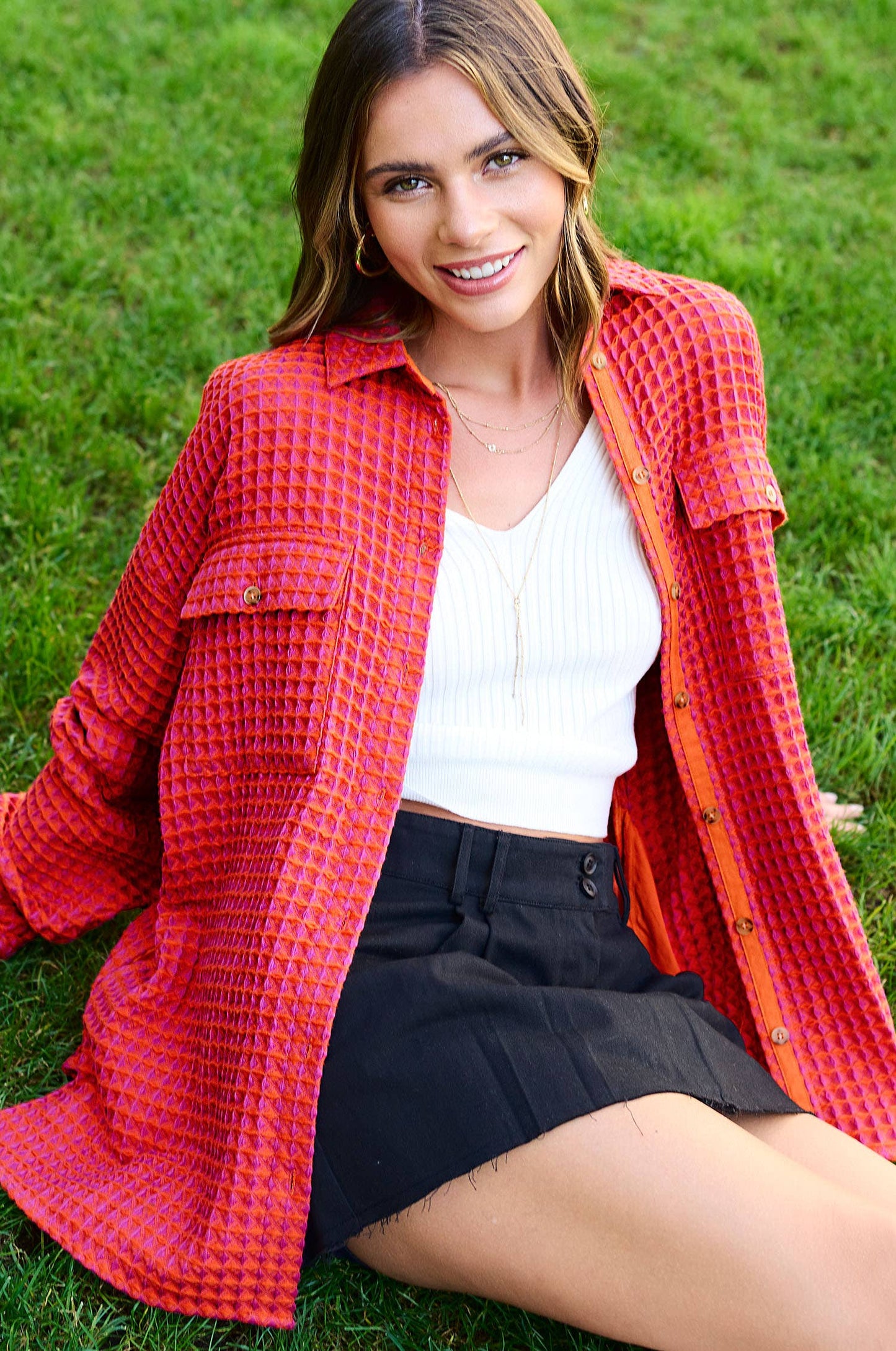 Unique Waffle Textured Oversized Button Down Shacket