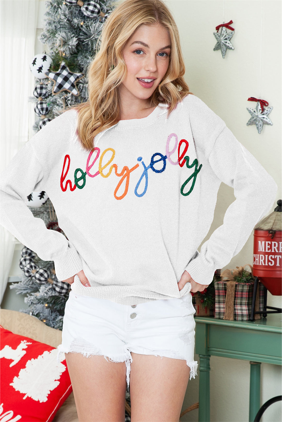 White Glitter Merry & Bright Round Neck Knit Sweater