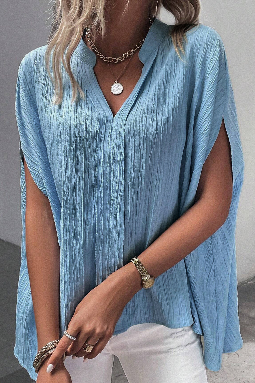 Dusk Blue V Neck Crinkle Dolman Blouse