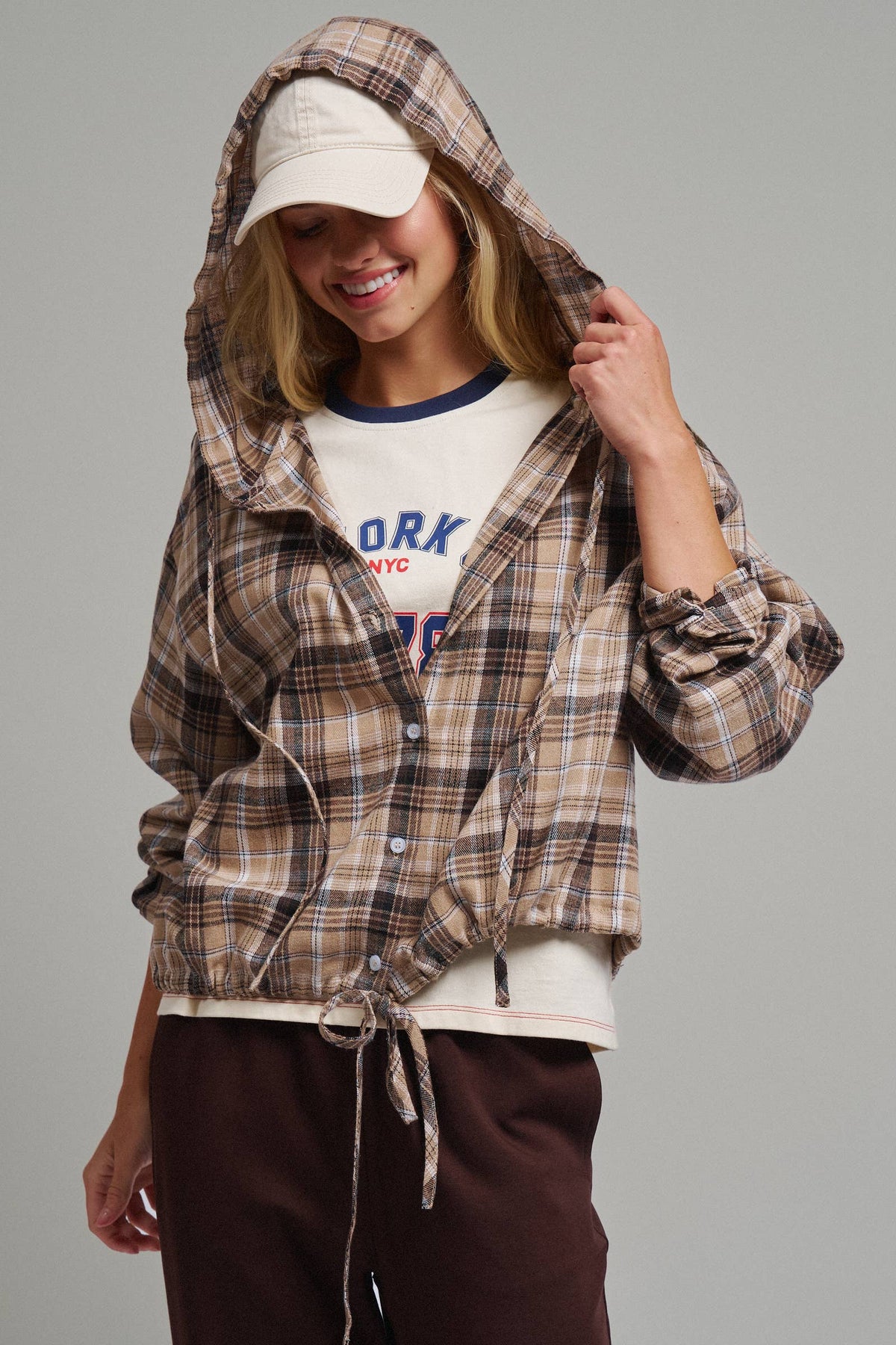 Plaid Flannel Hooded Shacket with Drawstring Hem