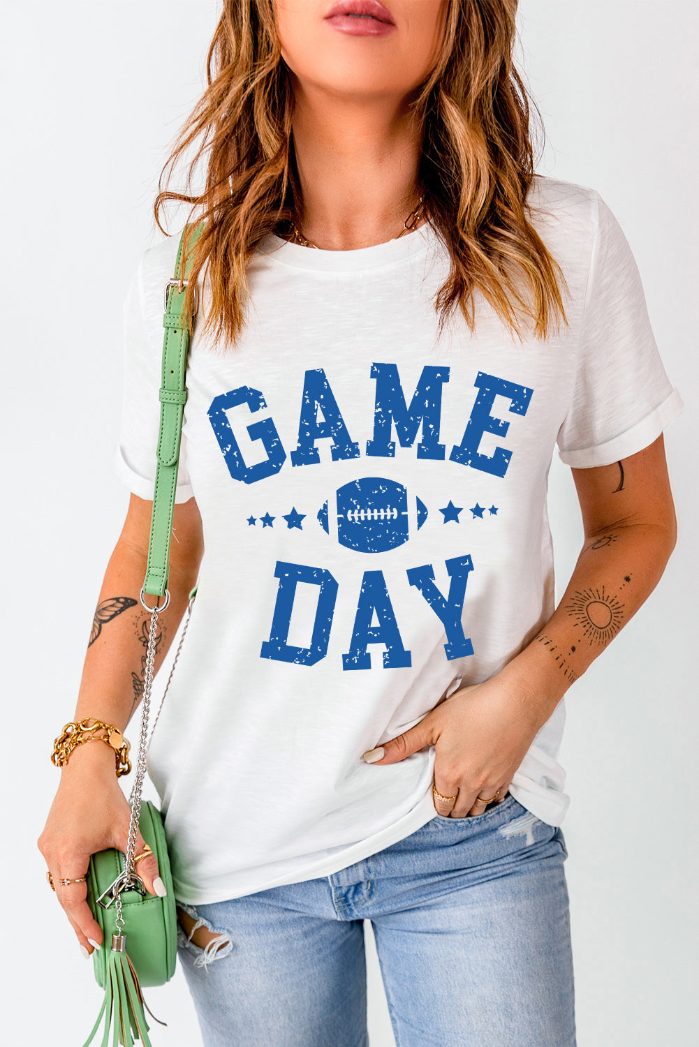 White GAME DAY Rugby Football Graphic Crewneck T Shirt