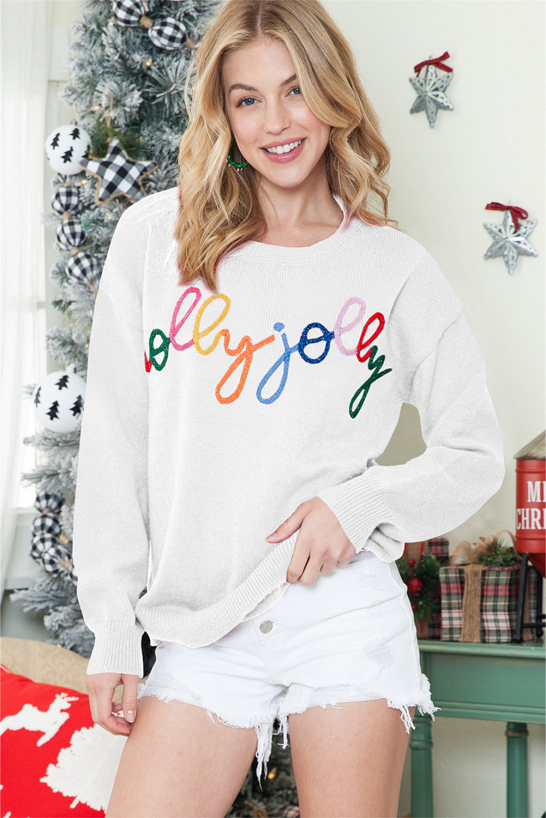 White Glitter Merry & Bright Round Neck Knit Sweater