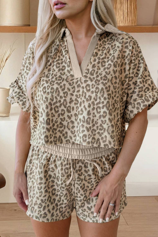 V Neck Collar Leopard Print Top and Shorts 2pcs Set