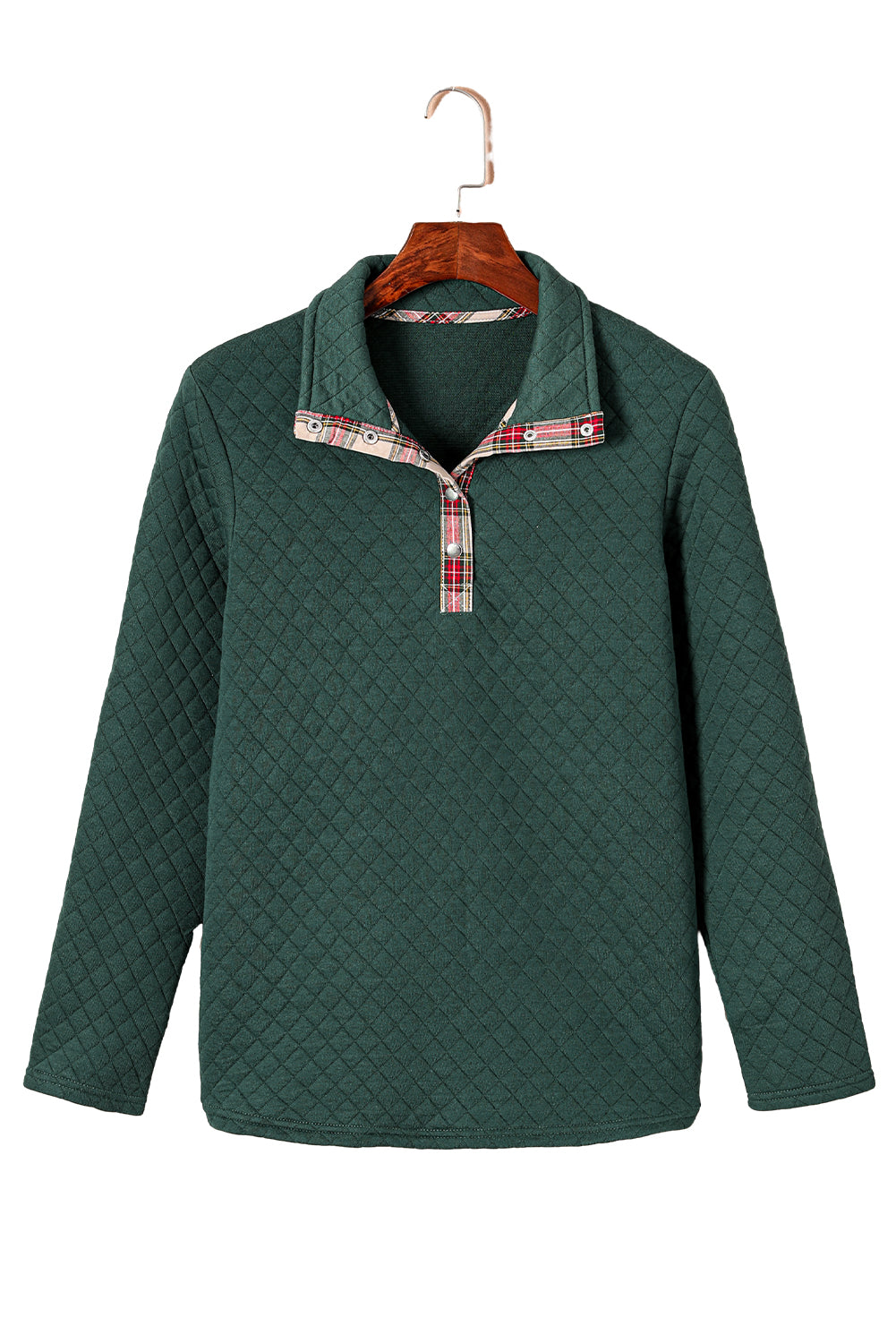 Green Plaid Geometric Texture Trim Buttons Neck Quilted Sweatshirt