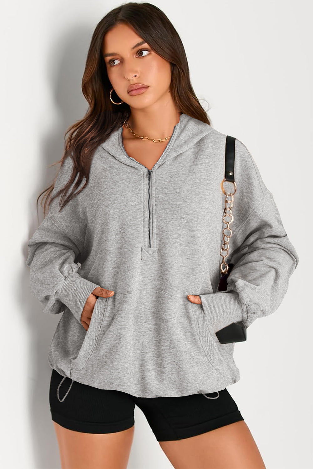 Parchment Kangaroo Pocket Half Zipper Oversized Hoodie