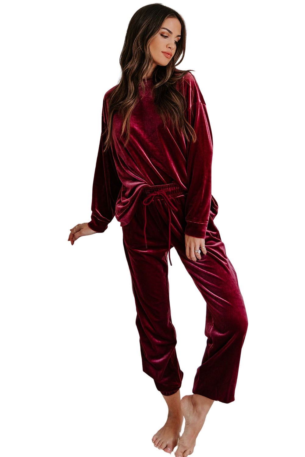 Red Solid Velvet Round Neck Top & Drawstring Pants Longe Set