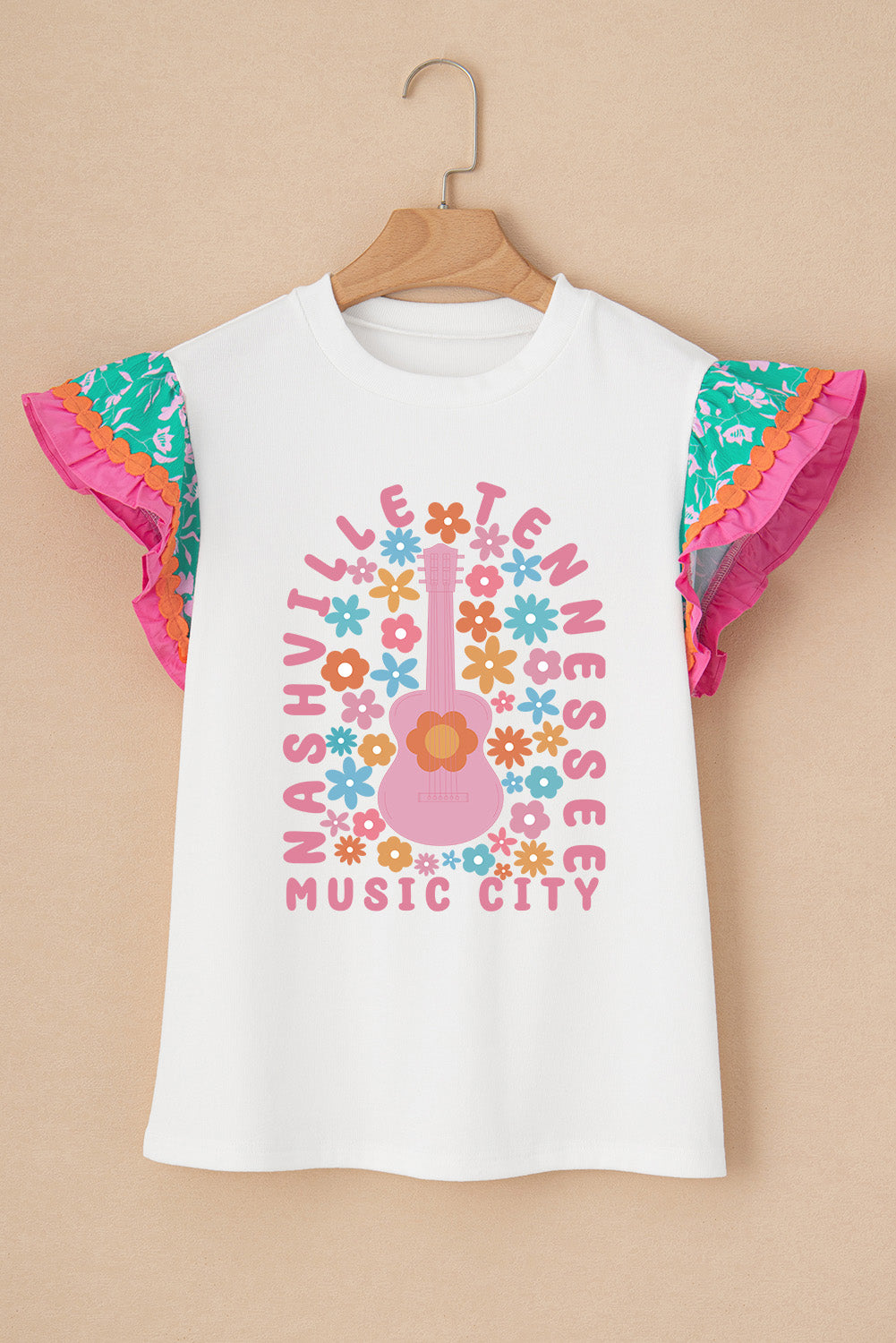 White NASHVILLE TENNESSEE MUSIC CITY Guitar Floral Graphic Tee