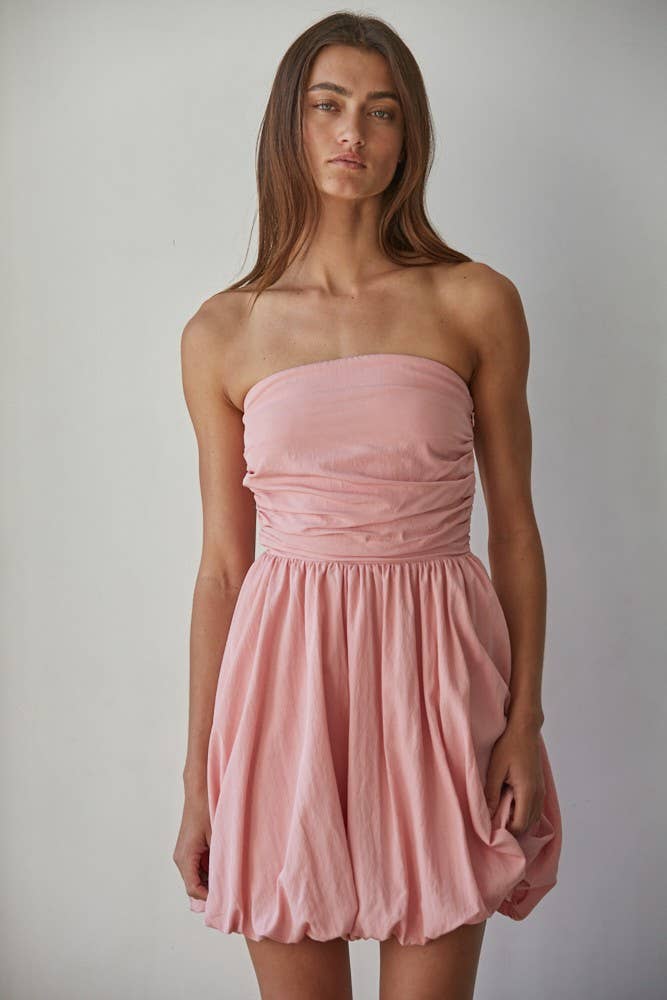 Woven Cotton Nylon Strapless Bubble Mini Dress