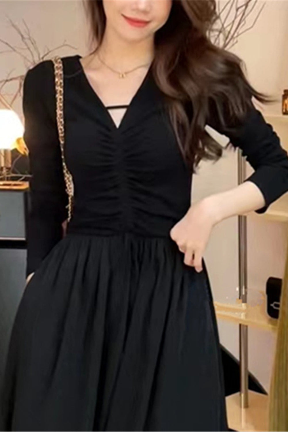 Black V-Neck Pinch Pleat Waisted Long Sleeve Maxi Dress