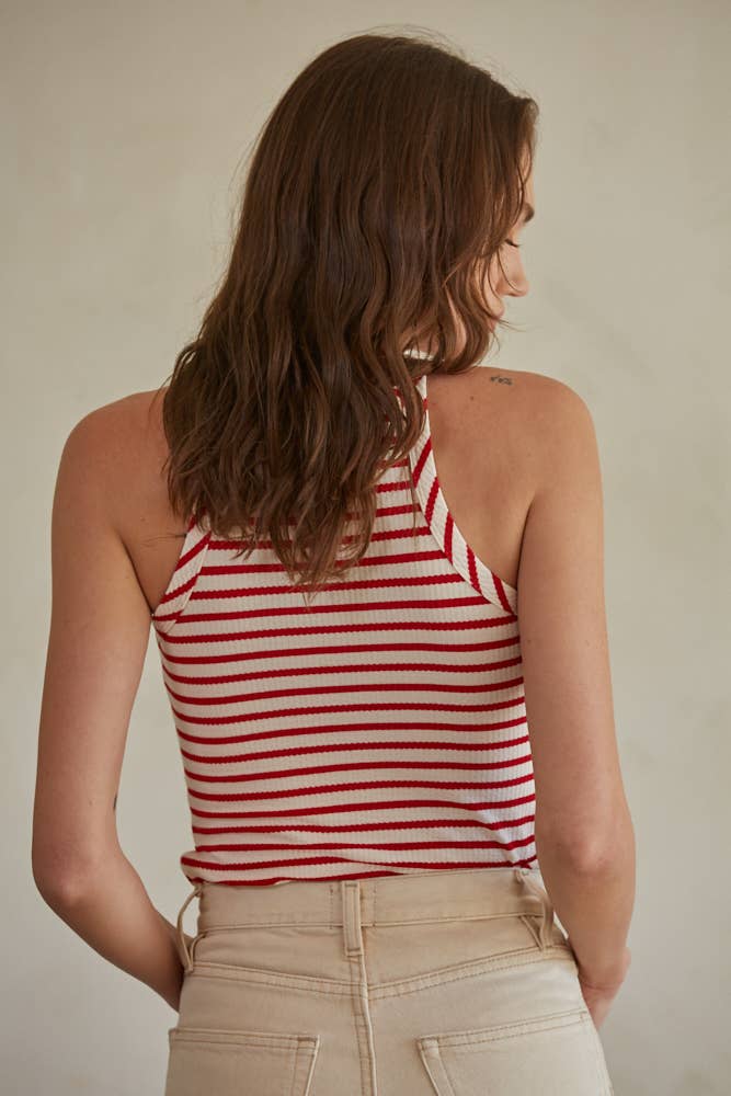 Knit Ribbed Striped Round Neck Sleeveless Tank Top