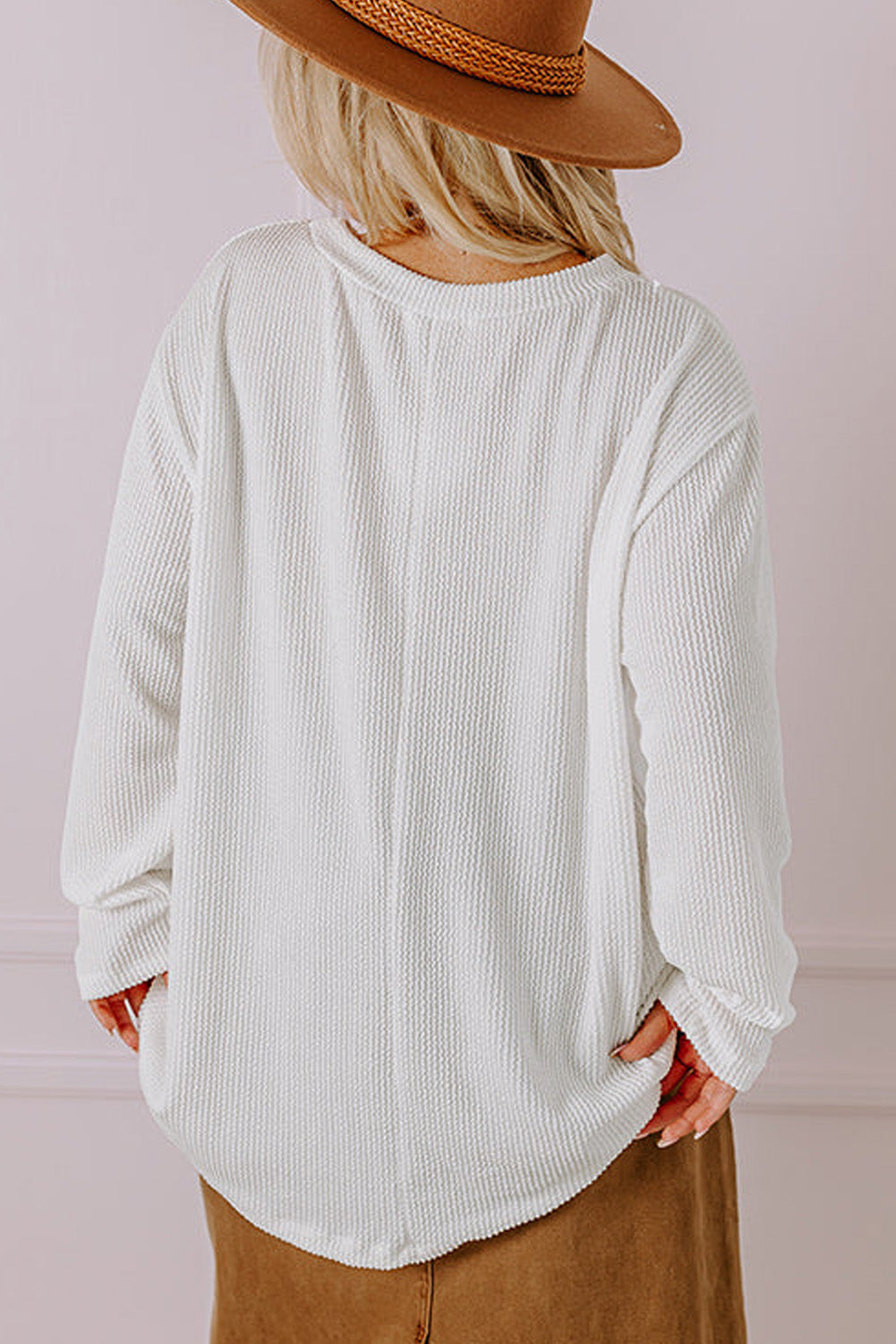 White Plus Size Ribbed Textured Pocketed Long Sleeve Top