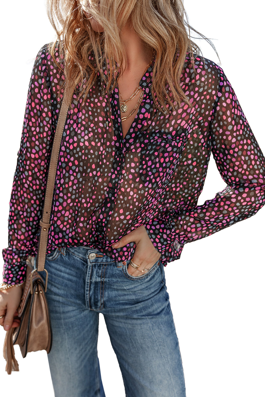 Grape Wine Polka Dot Printed Buttoned Shirt