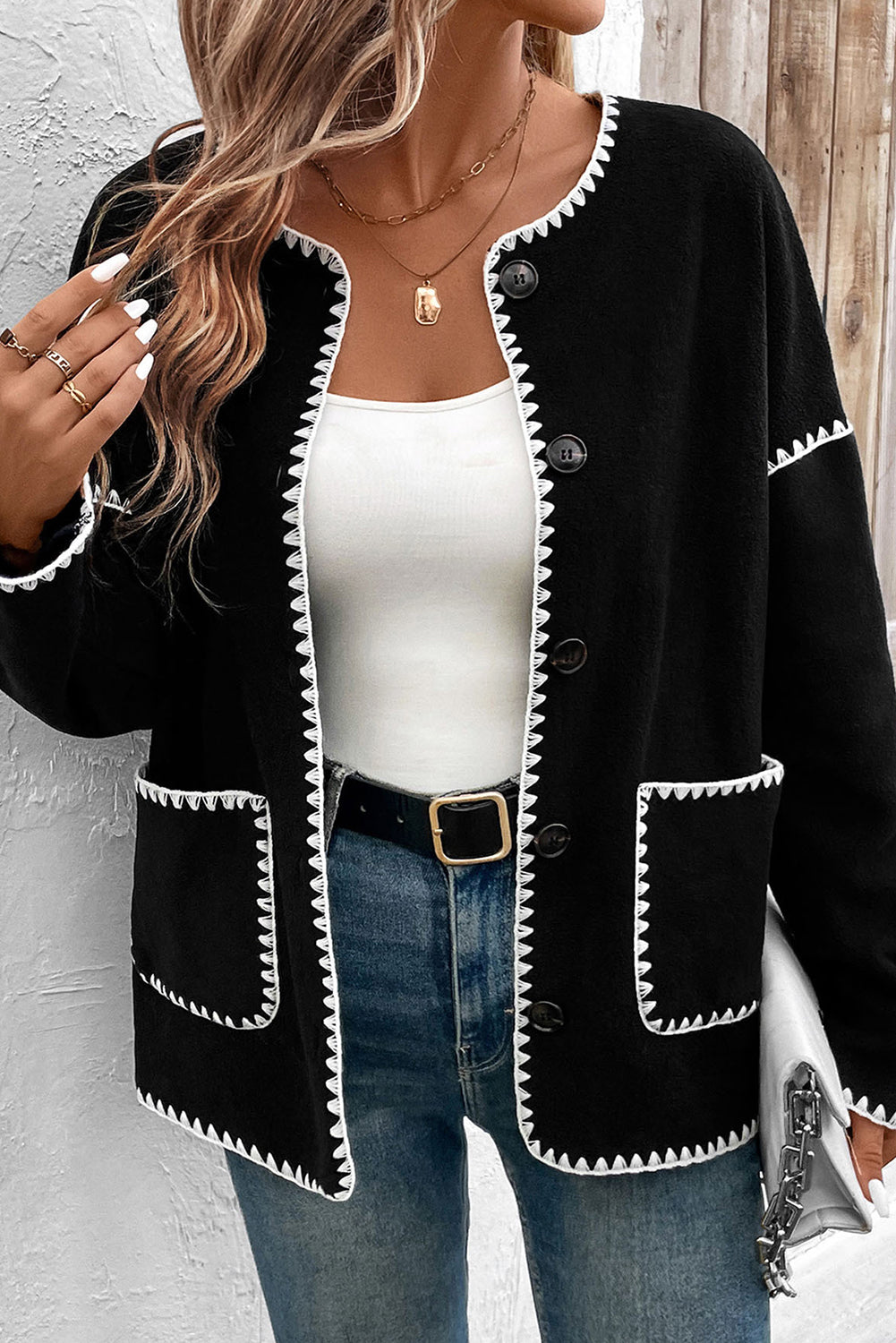 Black Contrast Trim Long Sleeve Button Up Jacket