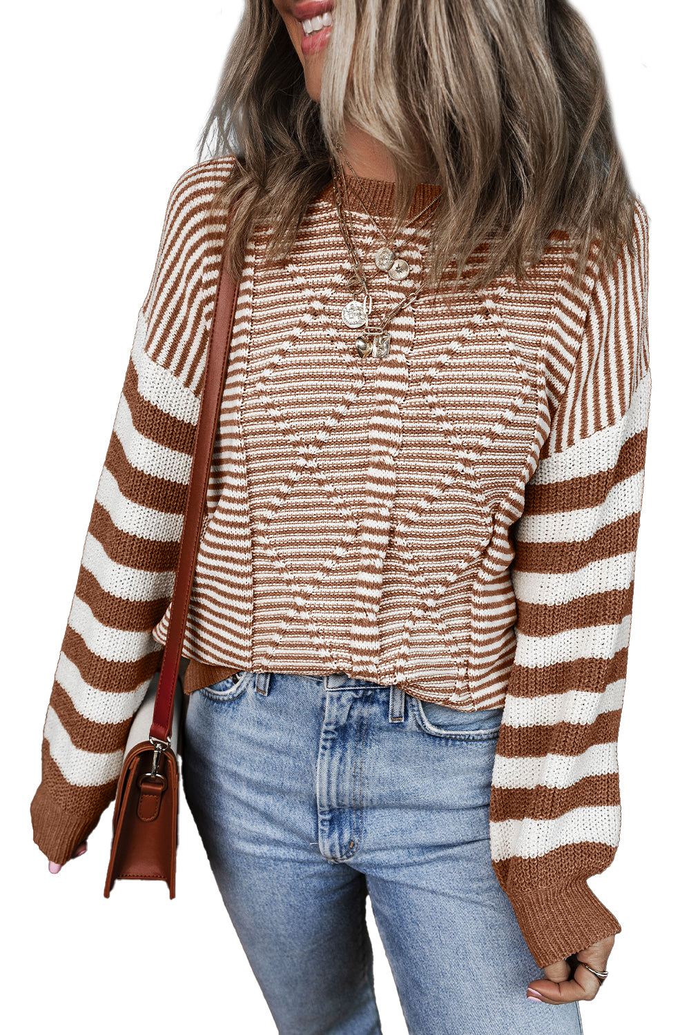 Brown Stripe Twisted Knitted Drop Shoulder Sweater