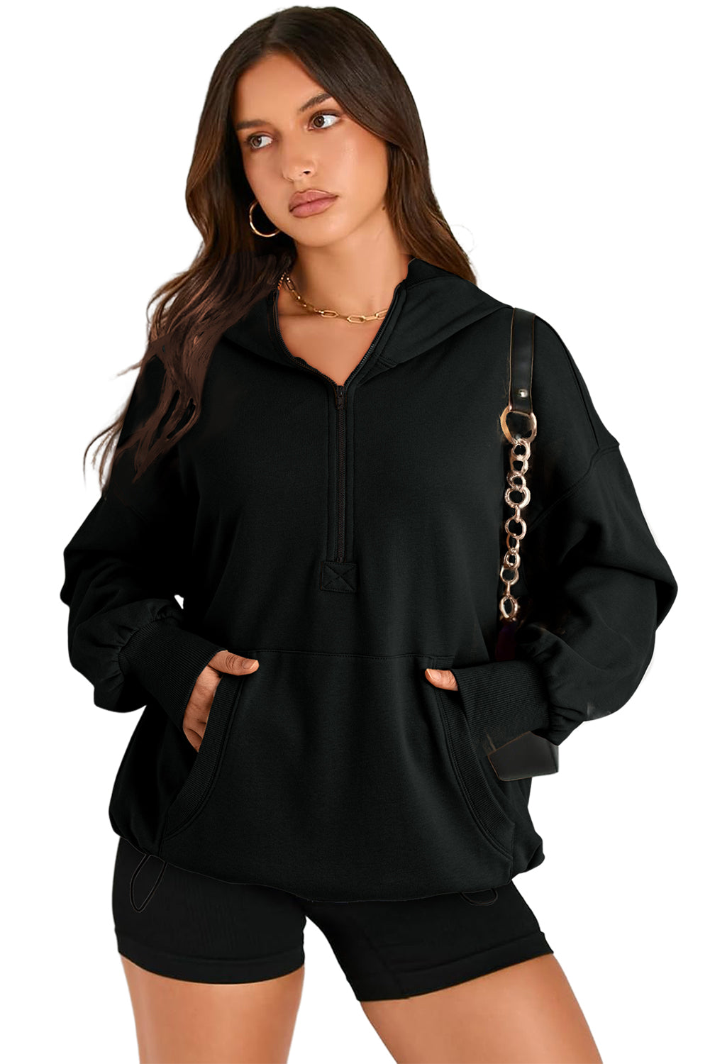 Parchment Kangaroo Pocket Half Zipper Oversized Hoodie