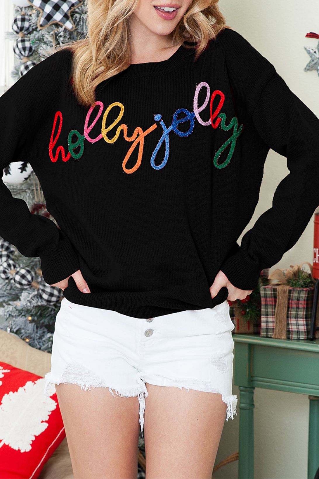 White Glitter Merry & Bright Round Neck Knit Sweater