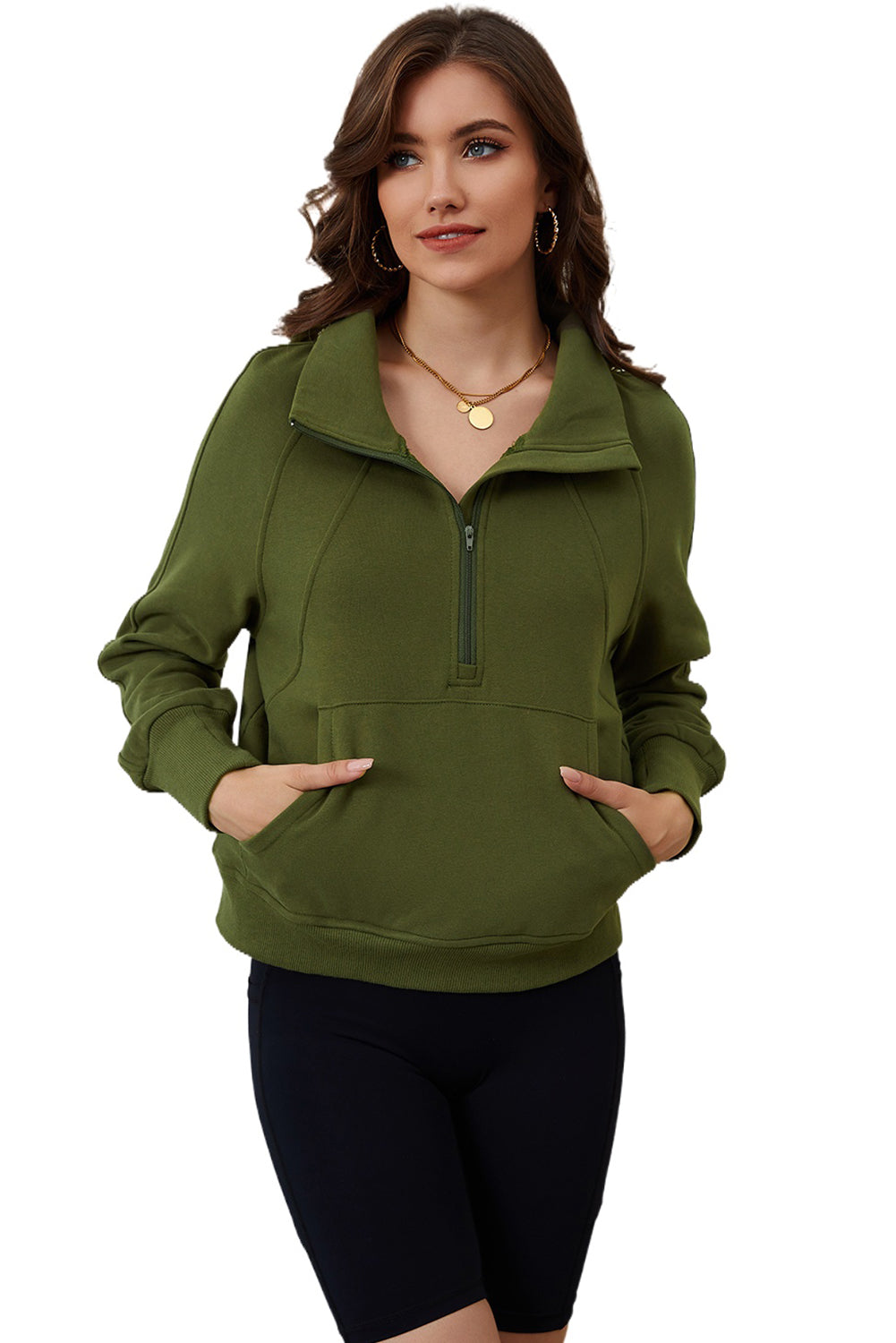 Parchment Quarter Zip Stand Neck Kangaroo Pocket Sweatshirt