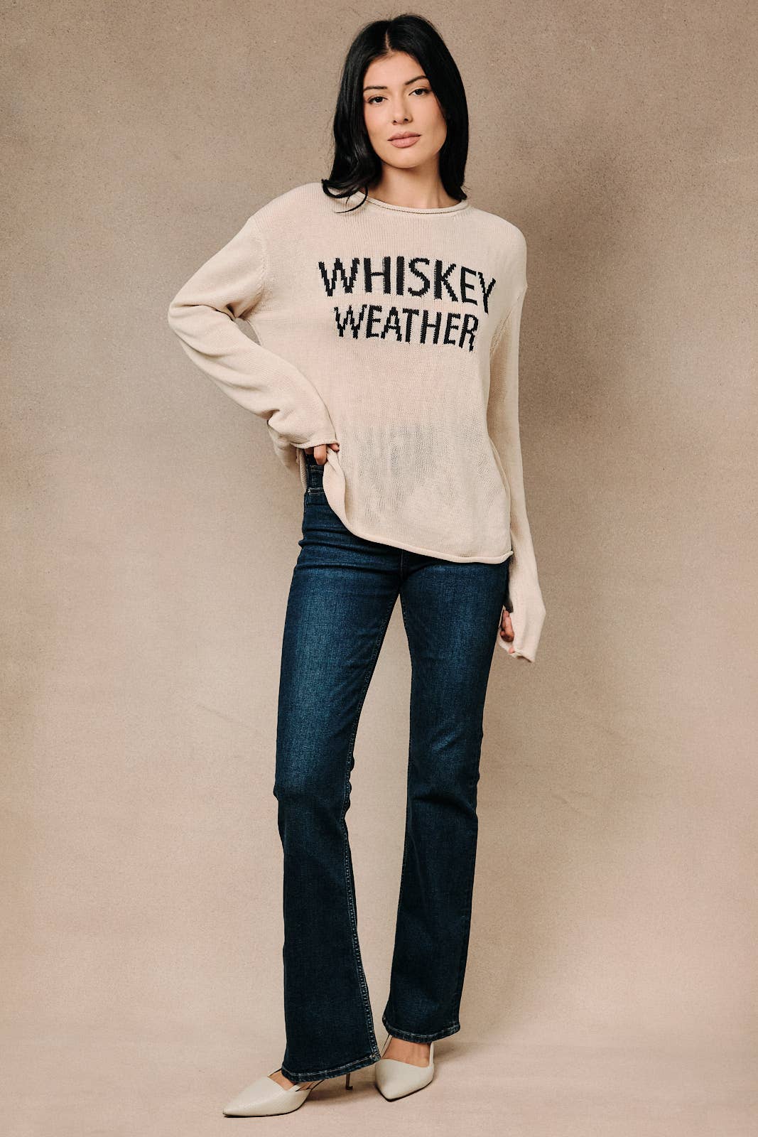 Round Neck Whiskey Weather Graphic Lightweight Knit Sweater