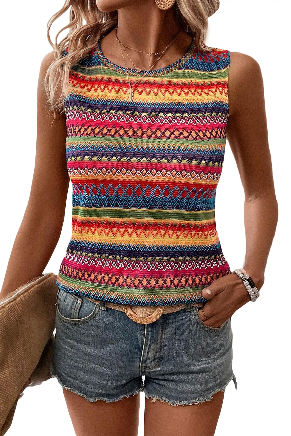 Yellow Ethnic Wavy Pattern Round Neck Sleeveless Top