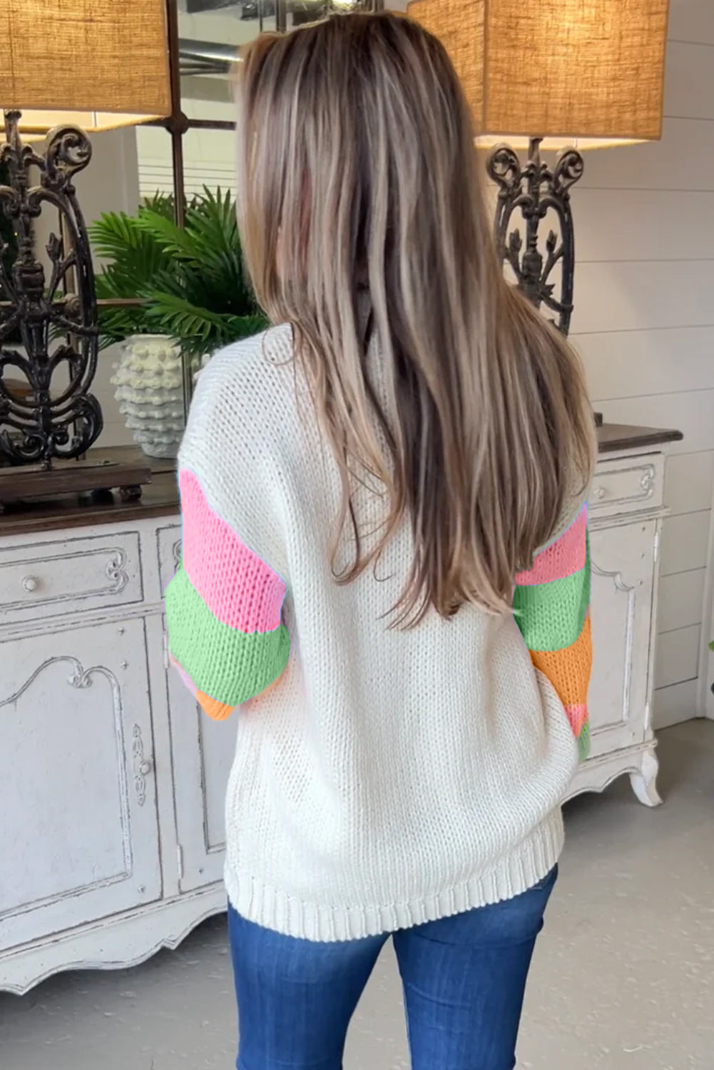 White Vibrant Floral Patched Colorblock Sleeve Knitted Sweater