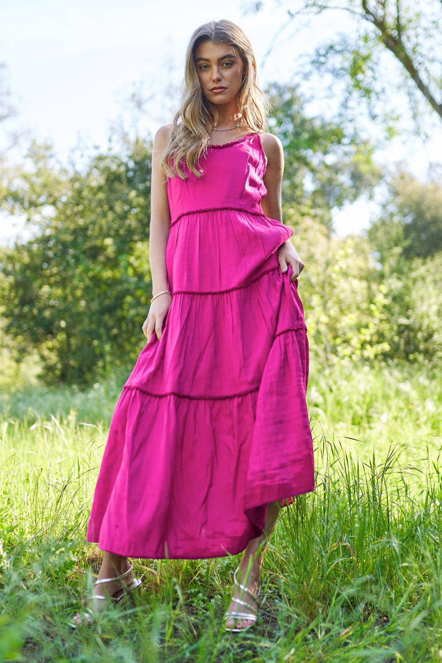 U Neck Line Tiered Spaghetti Maxi Dress