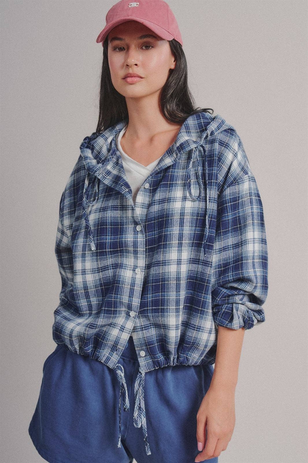 Plaid Flannel Hooded Shacket with Drawstring Hem