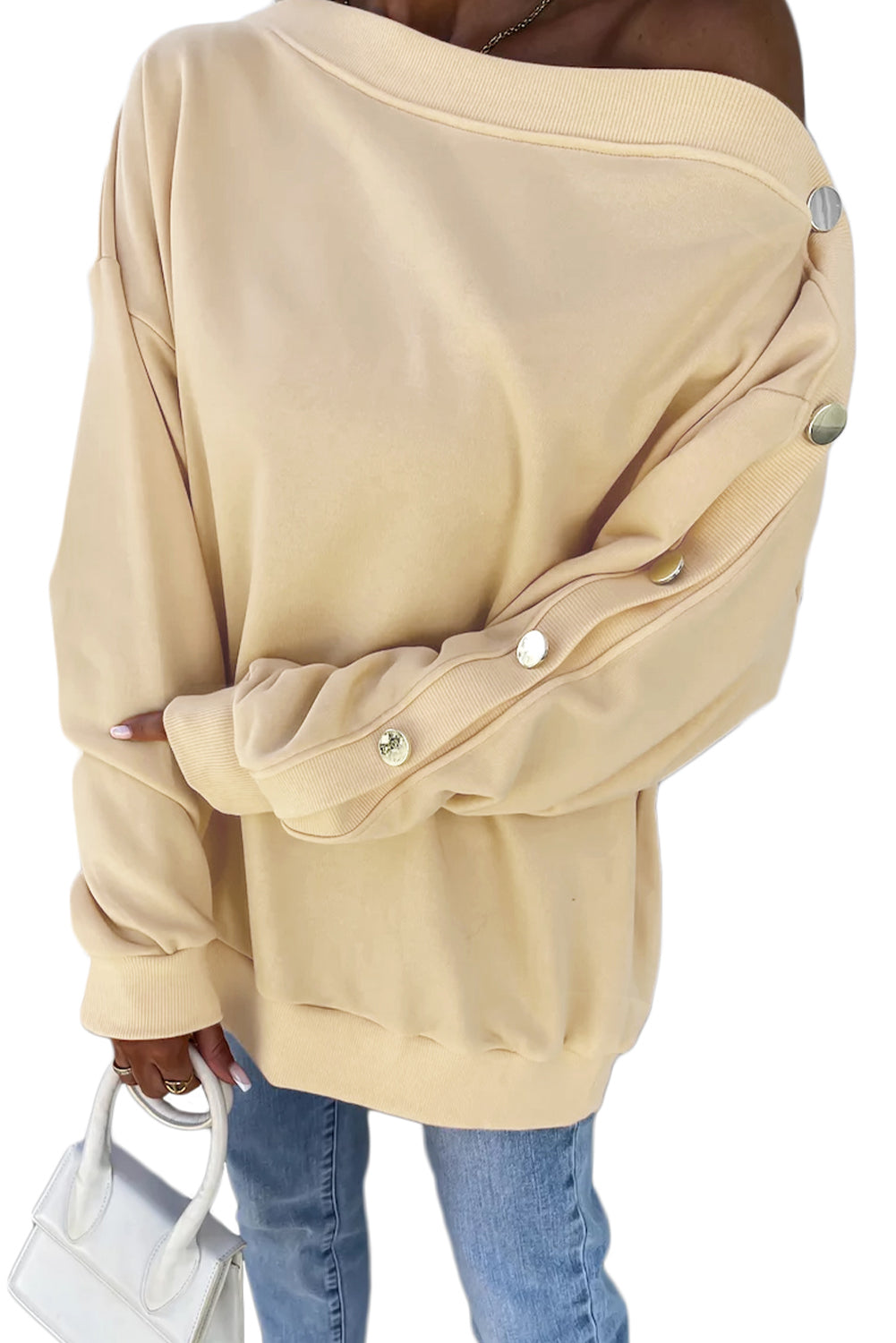 Beige Buttoned Sleeve Asymmetric Neck Oversized Sweatshirt