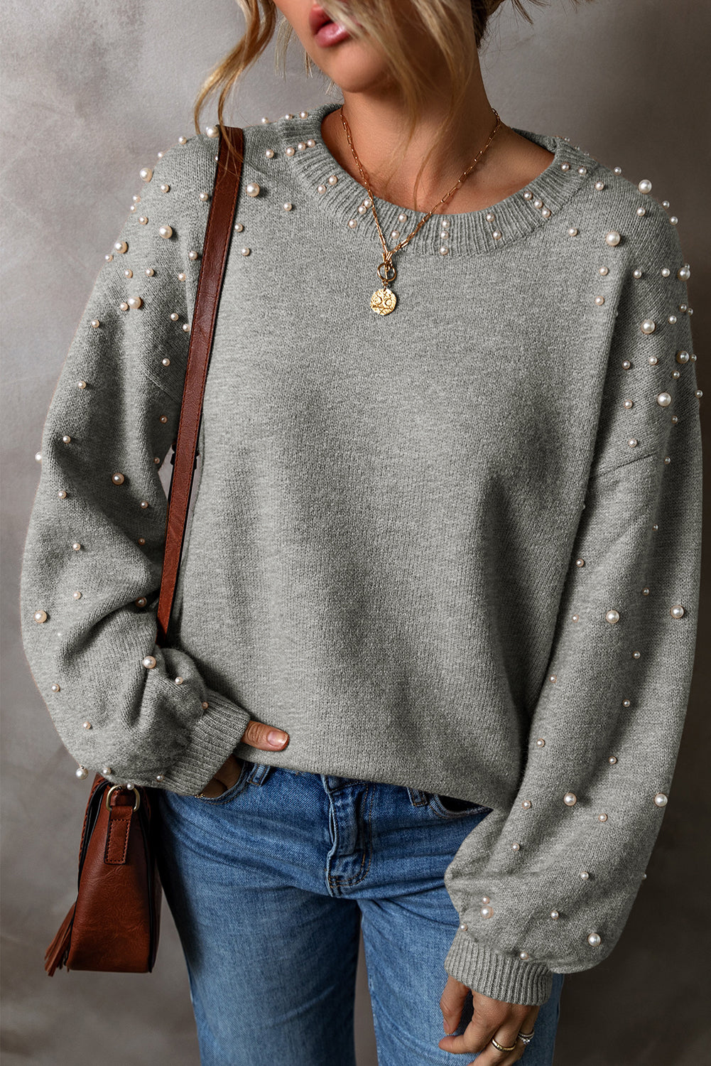 Black Pearl Drop Shoulder Round Neck Sweater