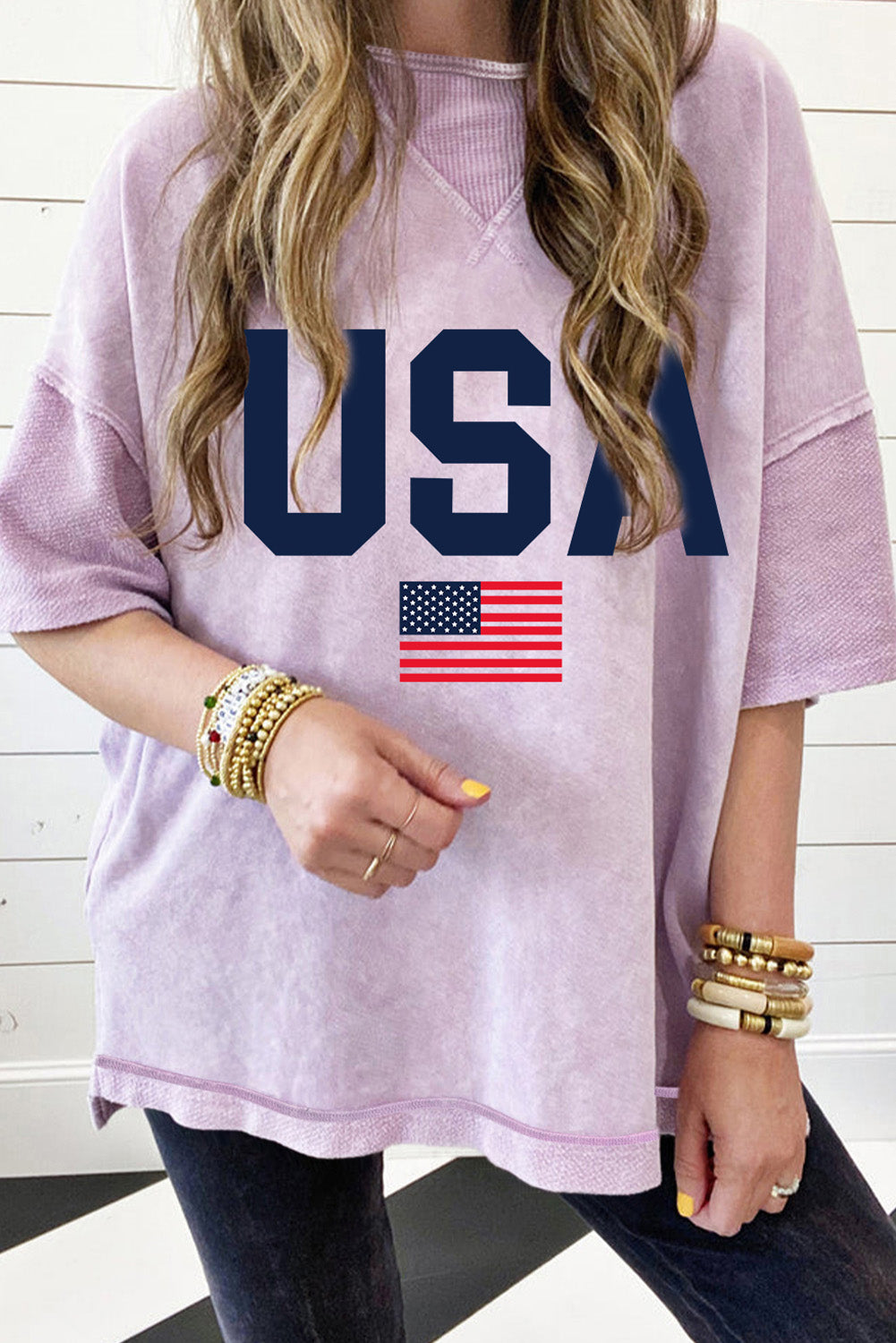 Orchid Petal Acid Wash USA Flag Graphic Drop Sleeve T Shirt