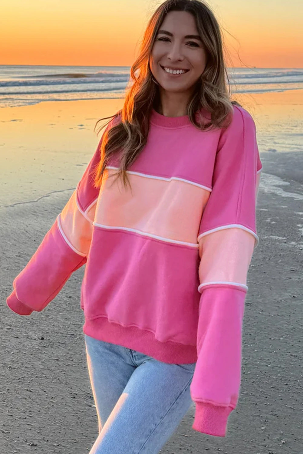 Sachet Pink Colorblock Ribbed Trim Sweatshirt