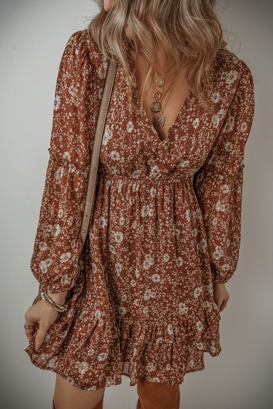 Brown Boho Floral Ruffle Puff Sleeve V Neck Mini Dress