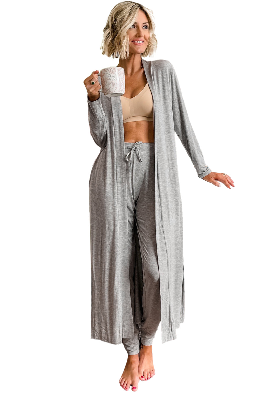 Light Grey Split Long Cardigan and Skinny Pants Loungewear Set