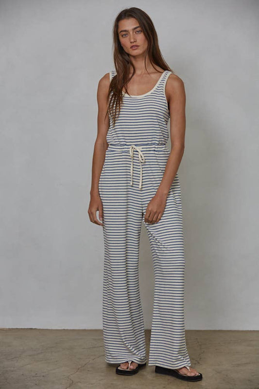 Knit Polyester Cotton Striped Sleeveless Jumpsuit