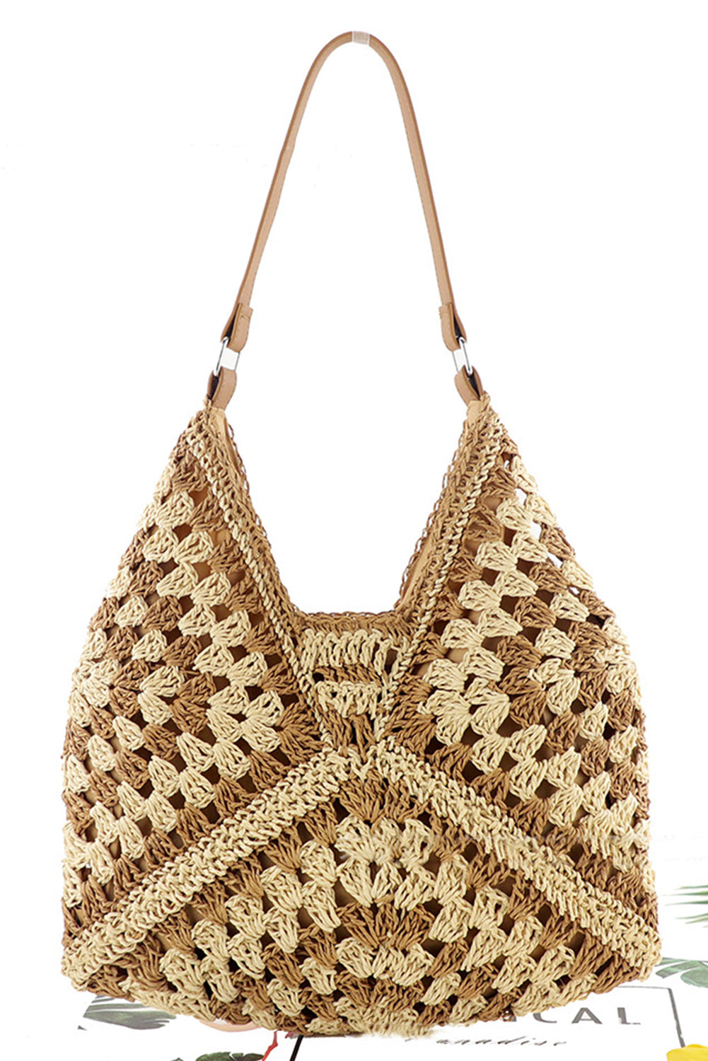 Wholesale Khaki Hollowed Bohemian Straw Woven Shoulder Bag