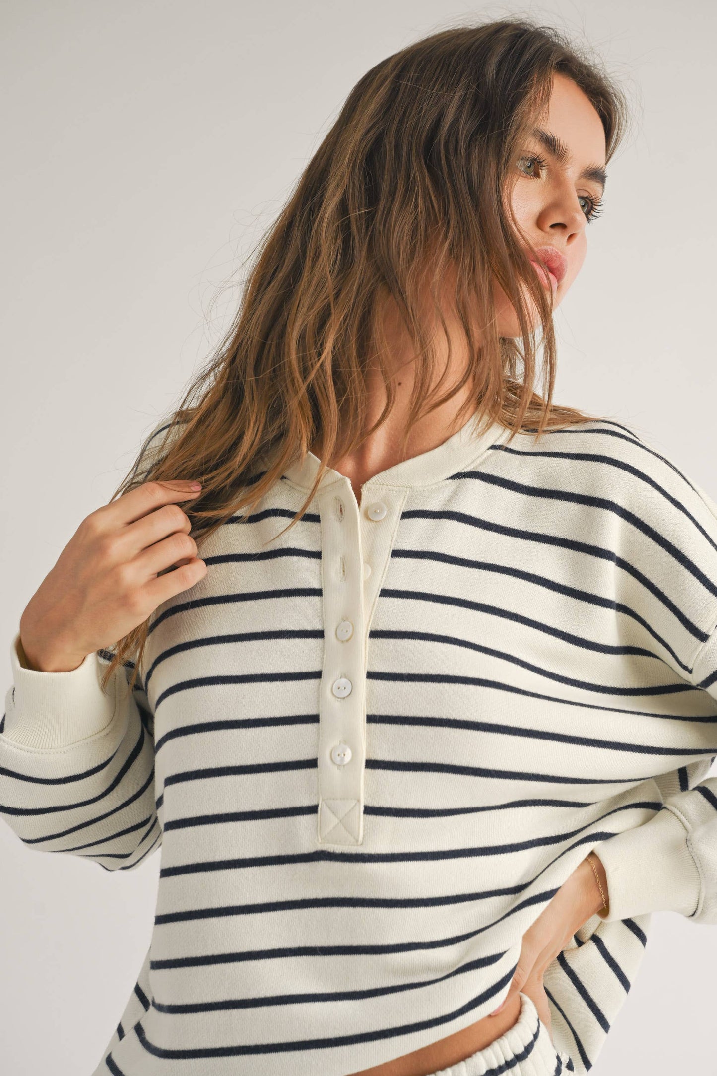 STRIPED TERRY FABRIC HALF BUTTON TOP