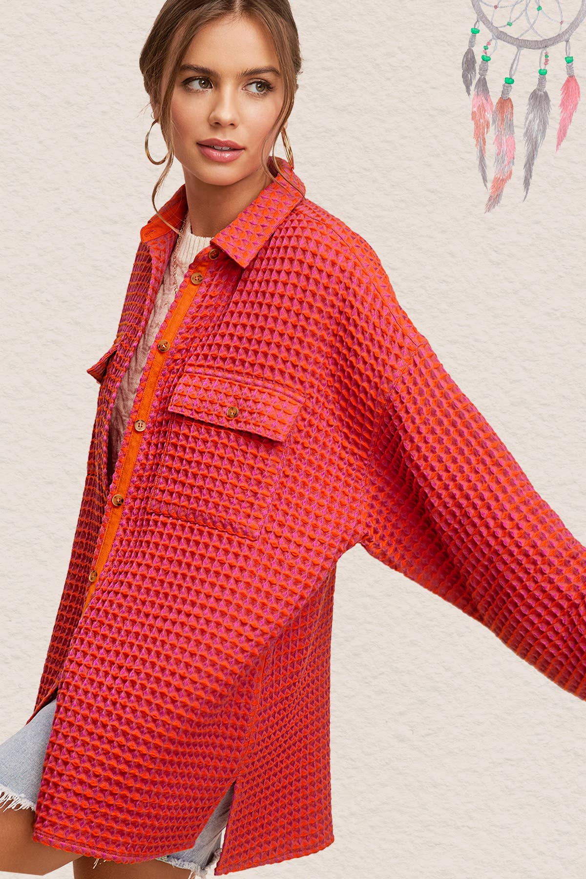 Unique Waffle Textured Oversized Button Down Shacket