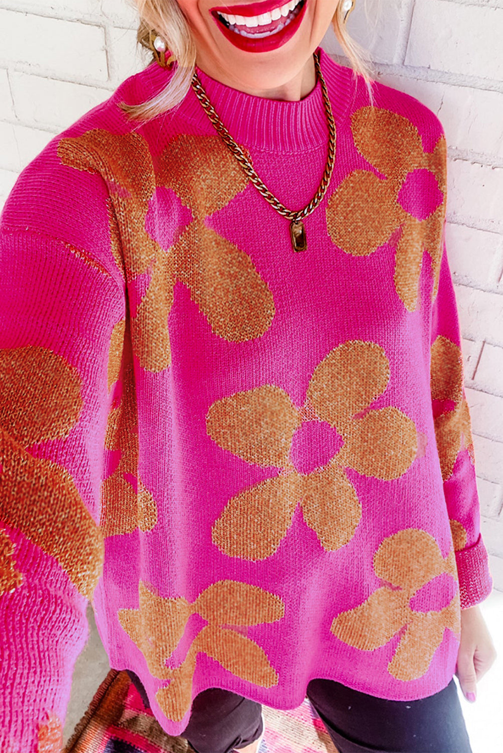 Rose 60s Vintage Flower Pattern Long Sleeve Sweater