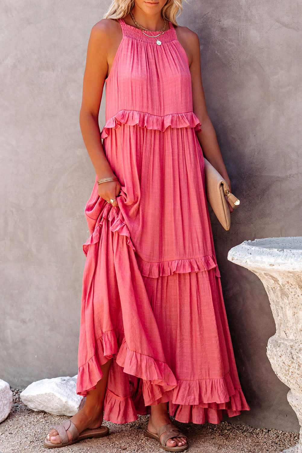 Pink Smocked Neckline Ruffle Hem Flowy Maxi Dress