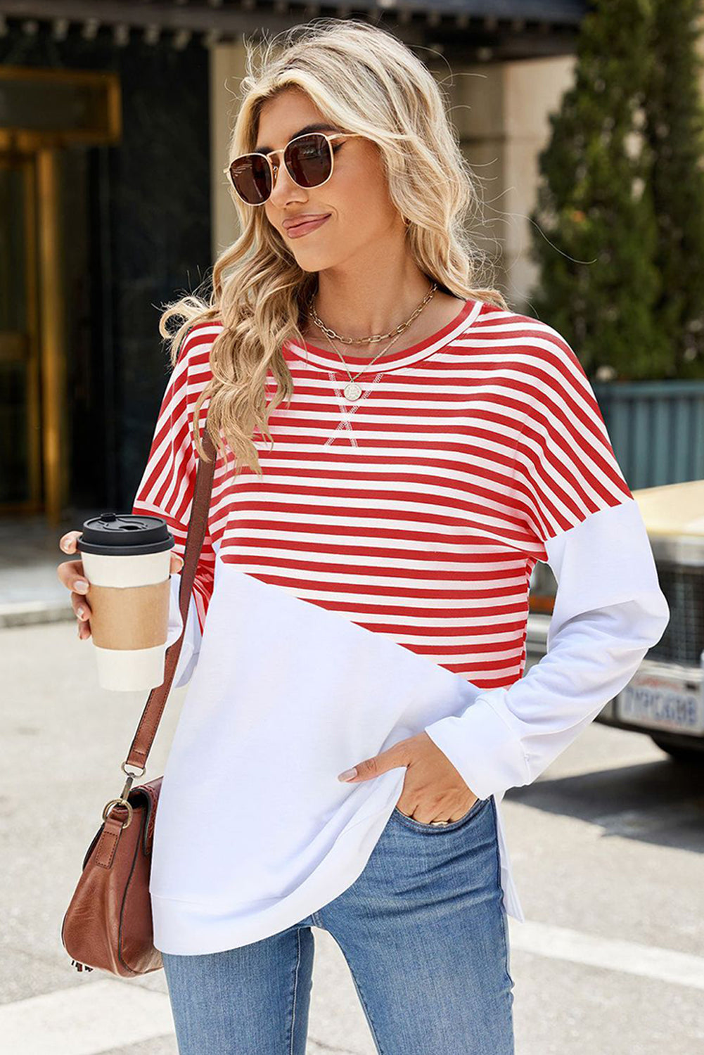 Fiery Red Crew Neck Stripe Long Sleeve Pullover Top