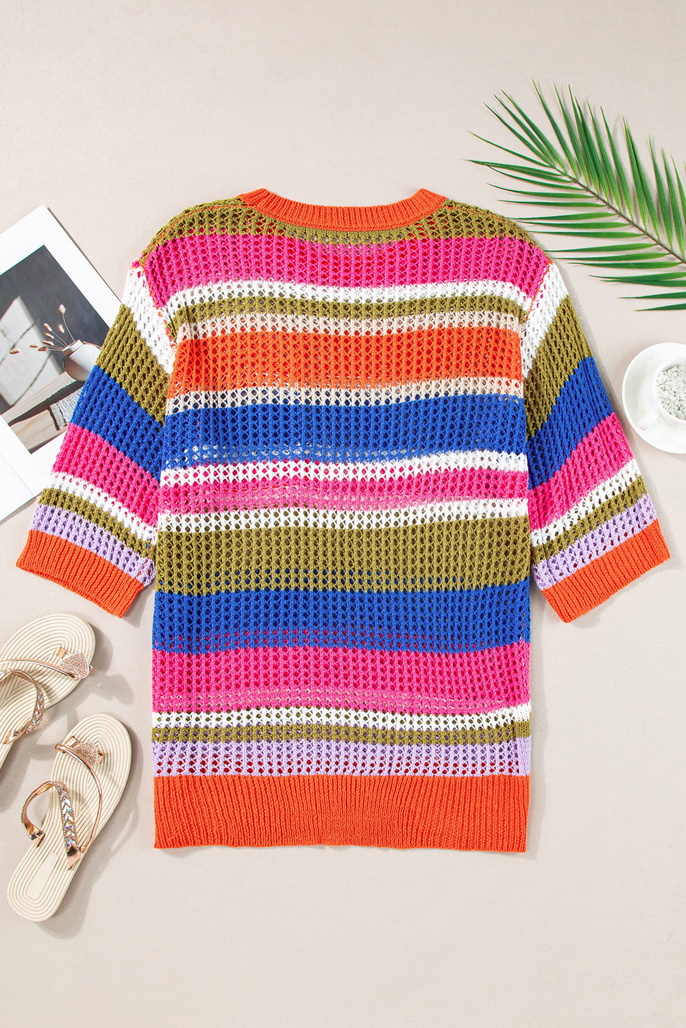 Orange Striped Color Block Hollow Crochet 3/4 Sleeve T Shirt