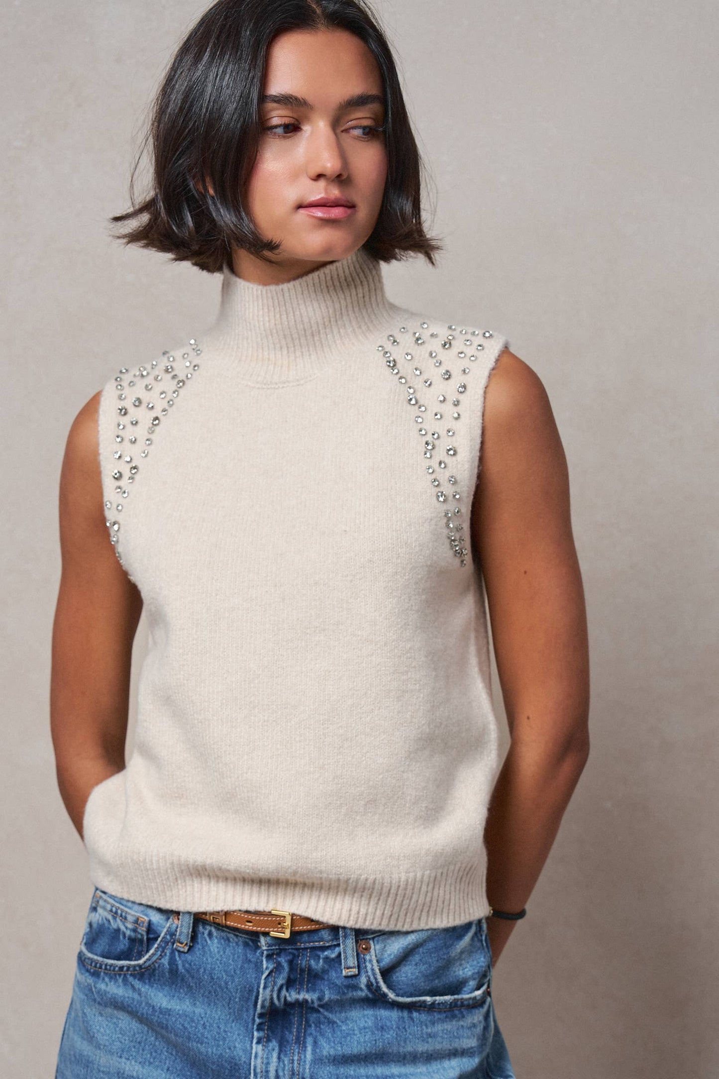 Crystal Embellished Sleeveless Mock Neck Knit Top