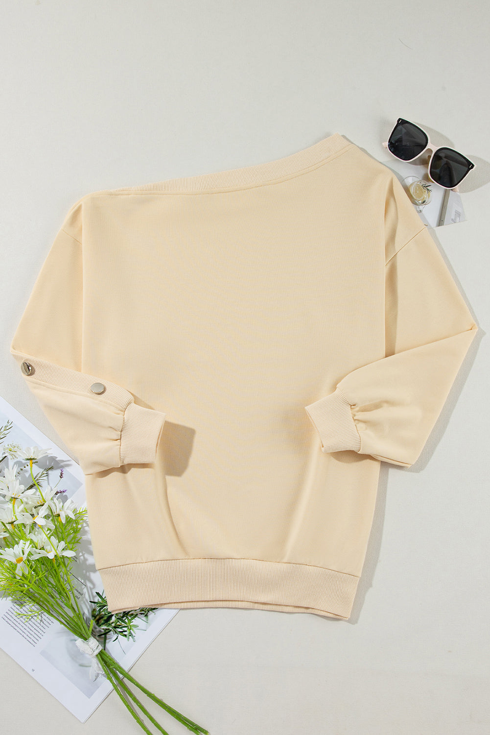 Beige Buttoned Sleeve Asymmetric Neck Oversized Sweatshirt