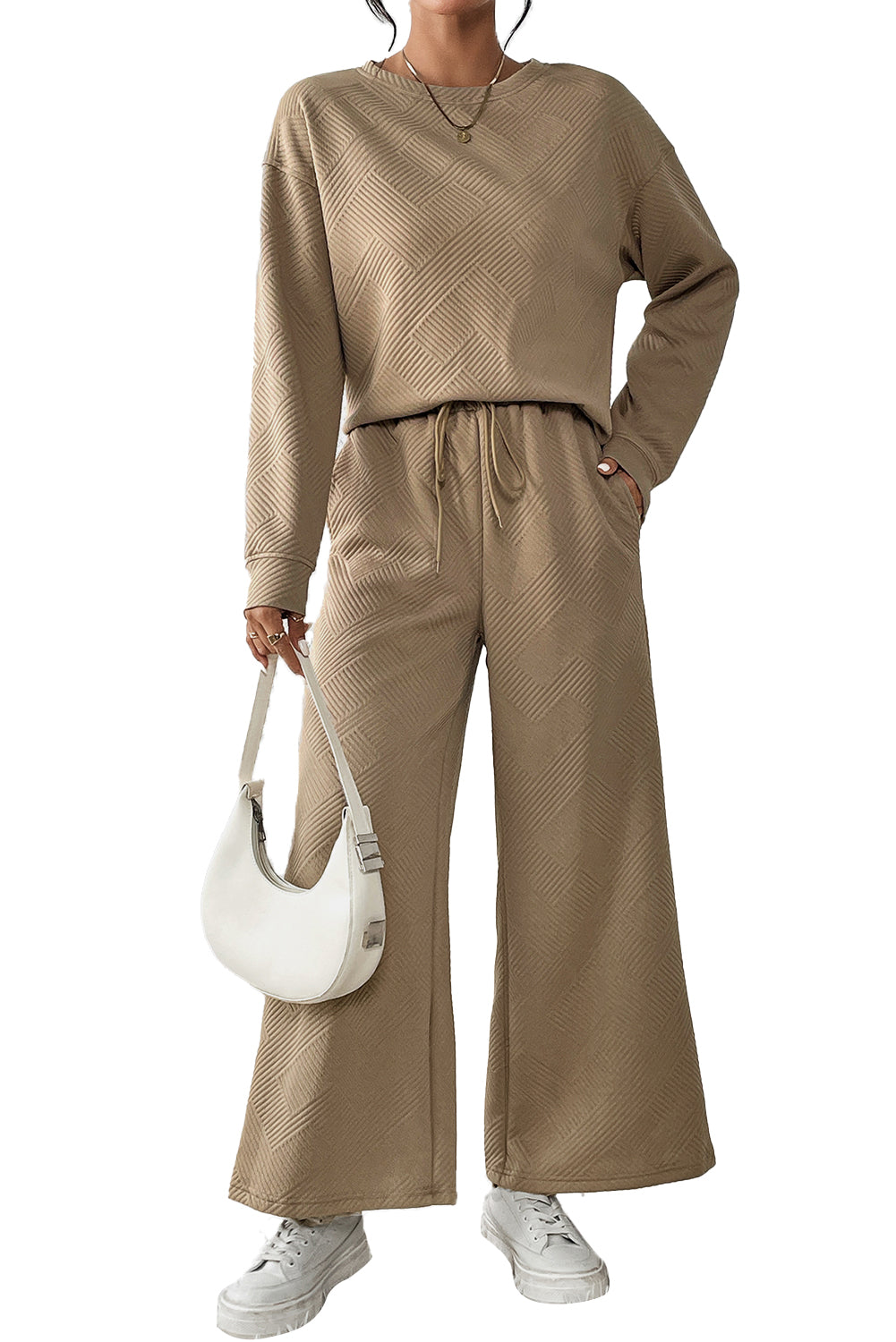 Dark Khaki Textured Loose Slouchy Long Sleeve Top and Pants Set